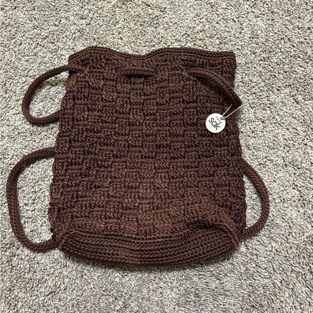 THE SAK women’s Brown Crochet Bucket Bag Backpack Drawstring Tote Purse w/charm‎